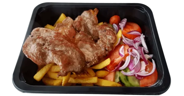 Meniu Ceafa de Porc cu ceafă de porc la grătar, cartofi prăjiți, chiflă, salată de varză sau salată cu roșii, castraveți, ceapă roșie