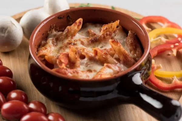 Penne Siciliene Gratinate cu Sos Rosu: penne rigate, ulei, ciuperci, specialitate bacon, piept de pui, sos pizza, sare, piper, topping mozzarella