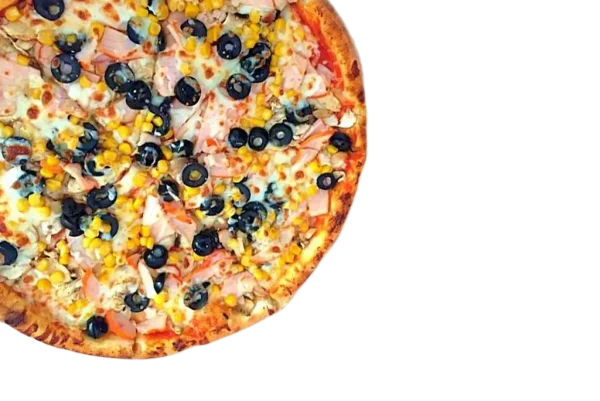 Pizza Pollo cu blat, sos pizza, topping mozzarella, piept de pui, măsline, porumb